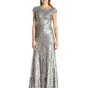 Vera Wang Sequined Boat Neck Gown Cap Sleeves Elegant Sparkle Prom Pewter 6